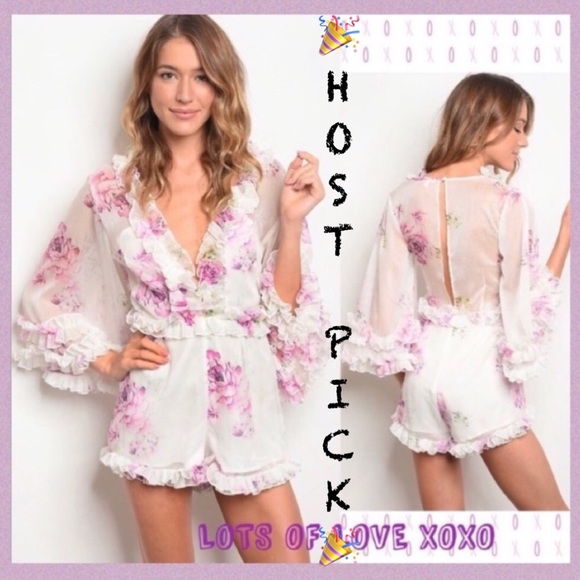 Pants - WHITE LINED CHIFFON LILAC FLORAL RUFFLE ROMPER